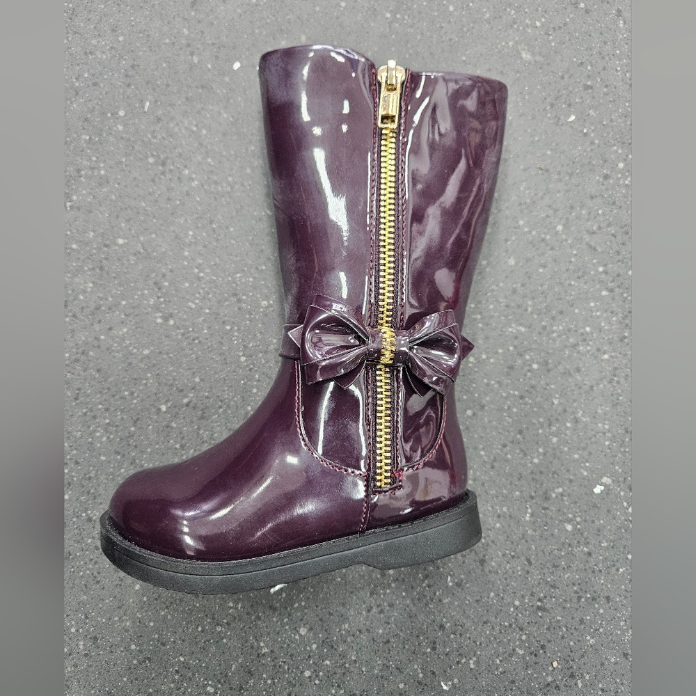 ​Dream Pairs Girls Patent Leather Boots - Purple Plum Mid Calf Bow Zip, Size 6T